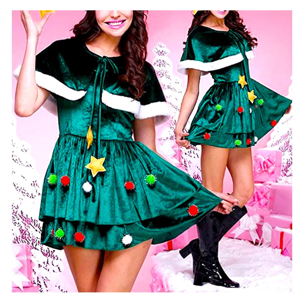 Christmas Tree Mini dress with cape and ornaments - NEW!